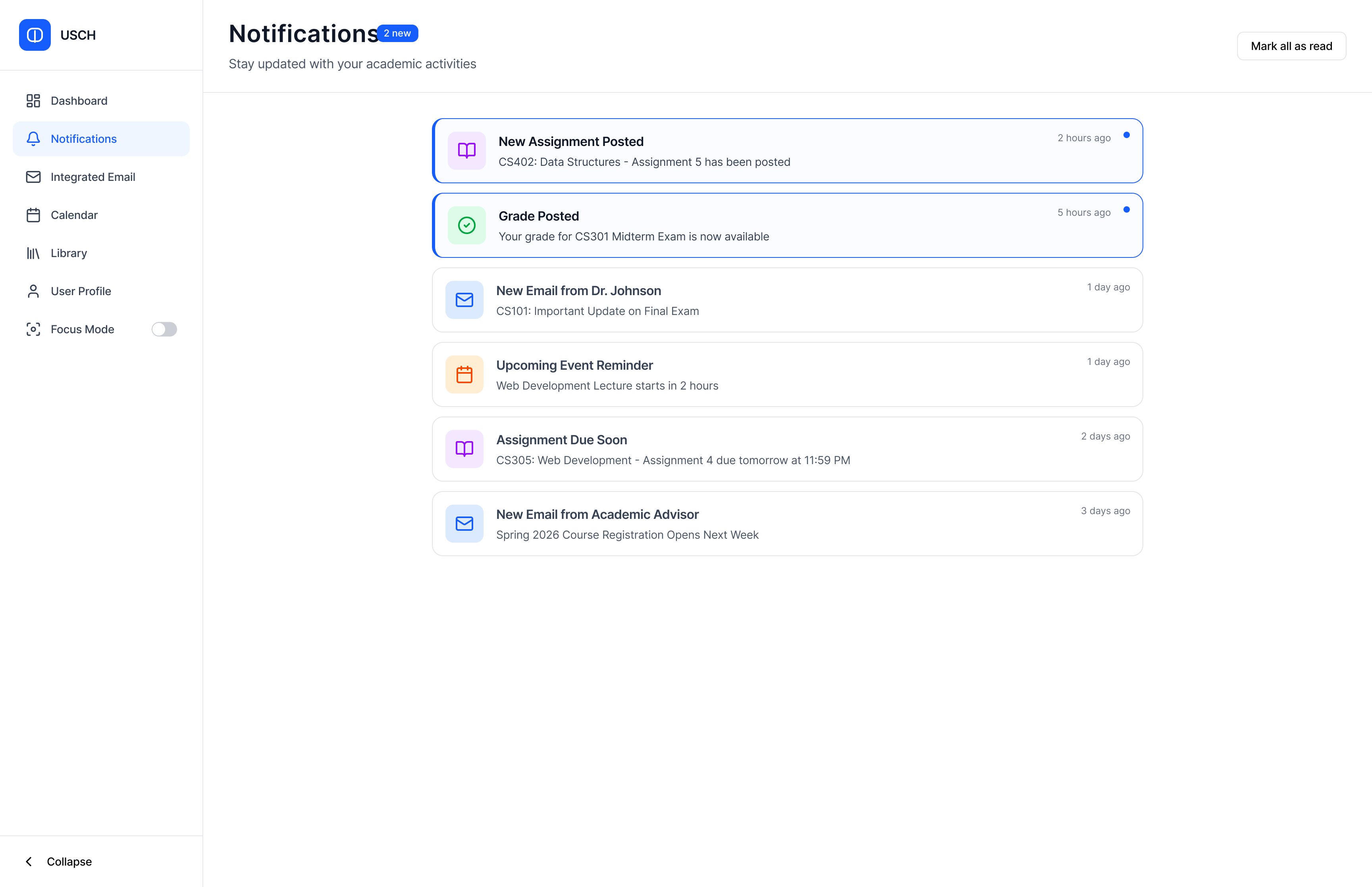 USCH Notifications screen