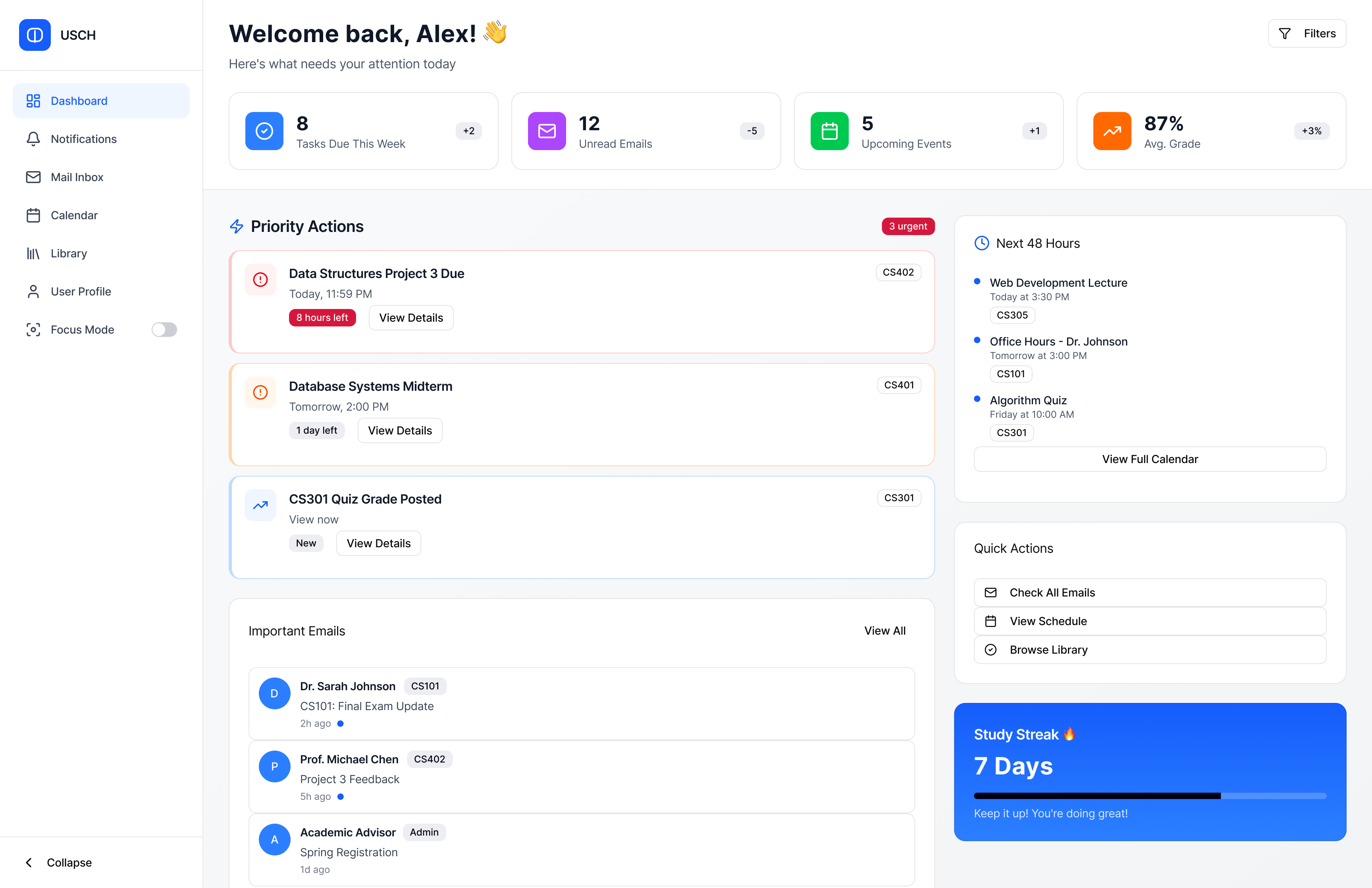 USCH Dashboard unified student communication