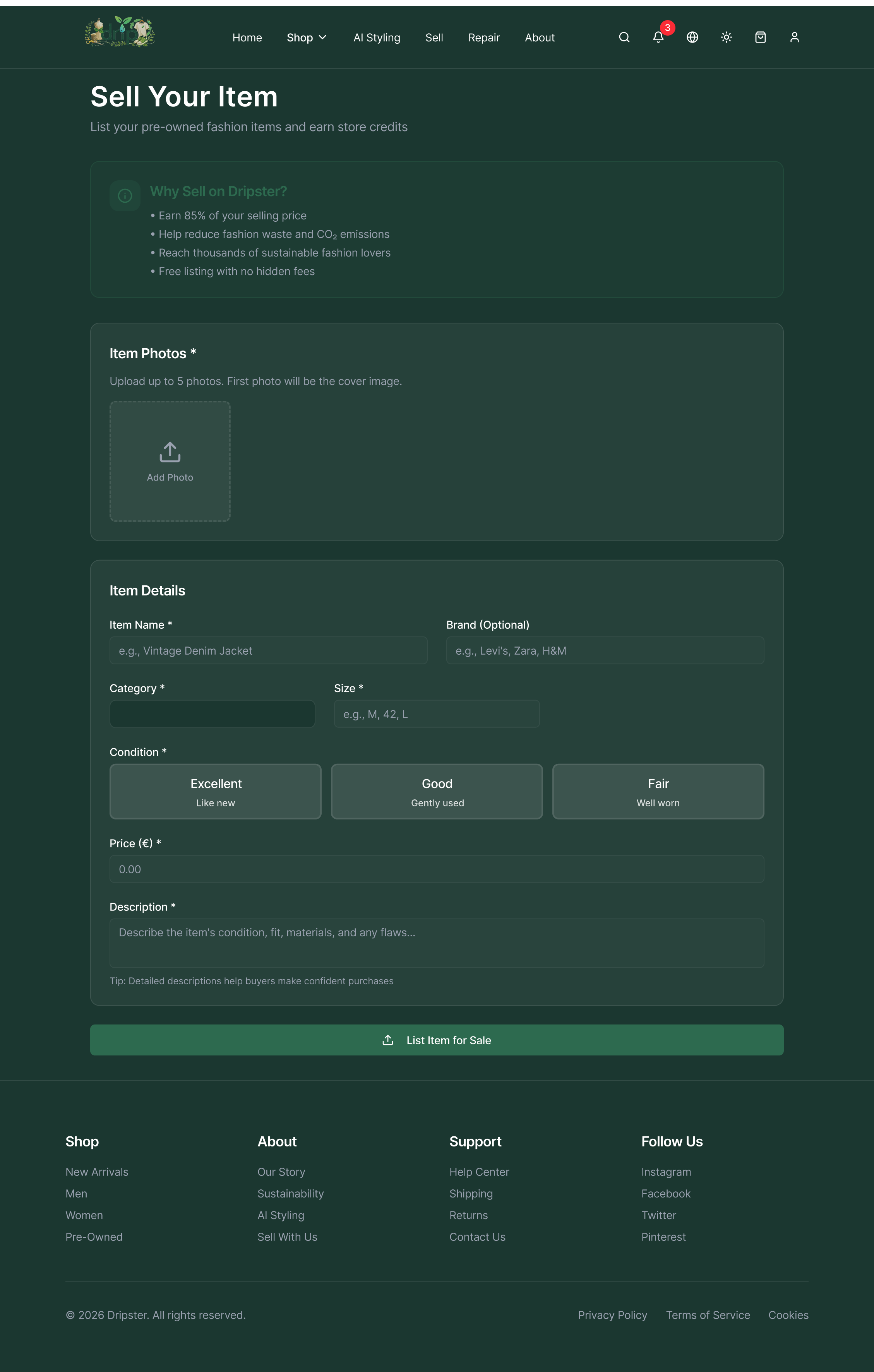 Drip Sell Your Item — transparent listing