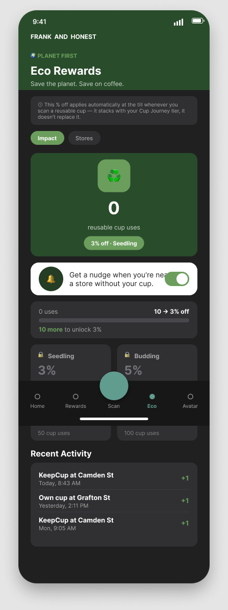 Frank & Honest app Eco Rewards screen tracking reusable cup uses and recent activity