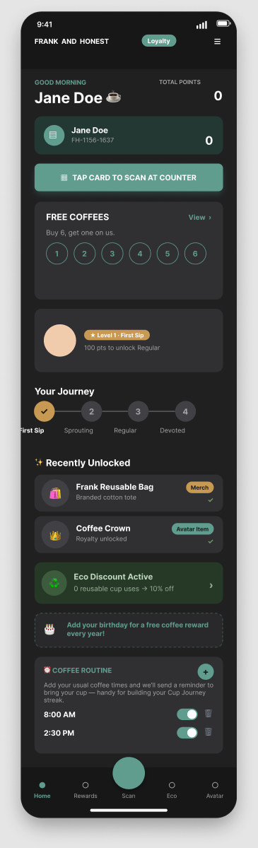 Frank & Honest app home dashboard with Cup Journey loyalty ring