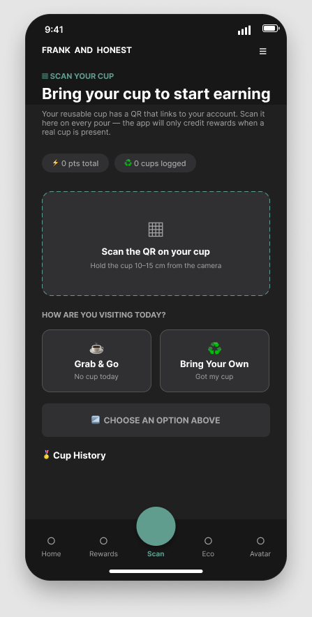 Frank & Honest app scan screen prompting the customer to scan the QR code on their reusable cup